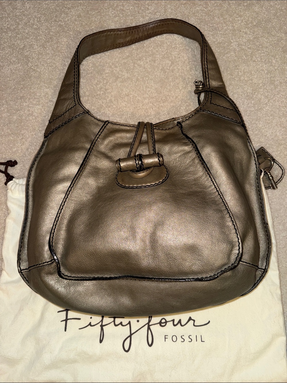 Vintage Fossil Fifty Four Large Hobo Pewter Metallic Leather w/Dust Bag